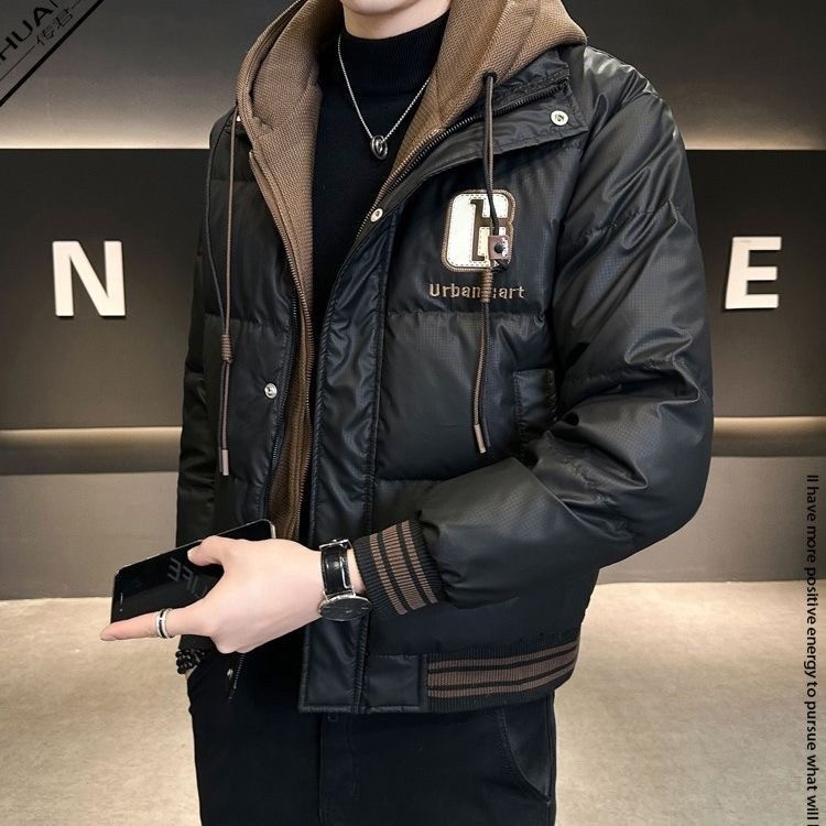 冬季时尚精品羽绒棉服假两件尼龙帽设计层次感字母印花潮牌外套