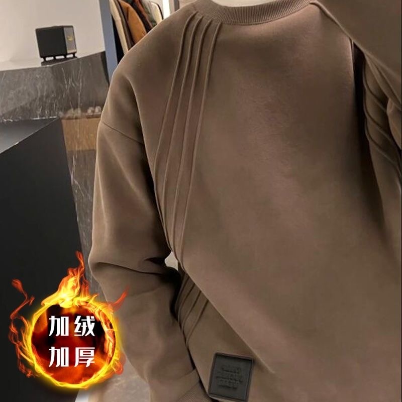 春秋重磅加绒加厚卫衣男2025新款磨毛线条设计感圆领打底衫上衣潮