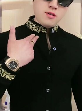 男士轻奢潮牌休闲民族风时尚修身长袖卫衣黑色百搭小立领刺绣衬衫