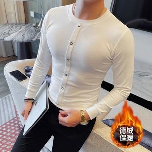 时尚 男士 修身 T恤秋冬新款 痞帅弹力休闲圆领打底上衣潮 假门襟长袖
