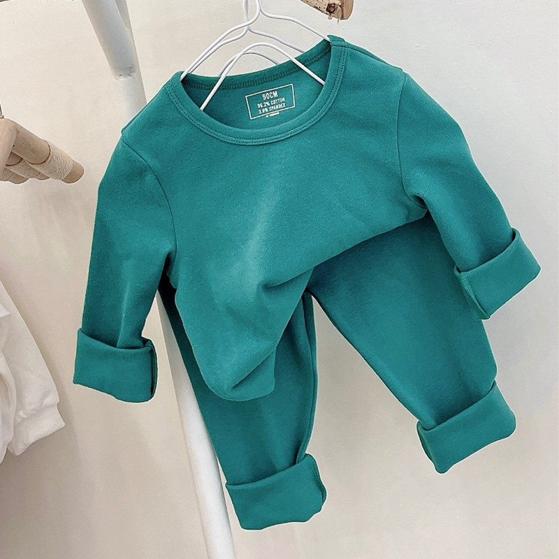 儿童纯色磨毛家居服套装秋冬男女童糖果色纯棉软糯秋衣秋裤两件套