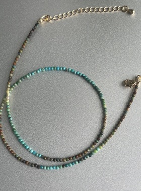 印象派画风。蓝绿棕2mm小松石渐变色串珠细项链渐变艺术感优雅