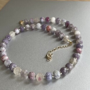 过往云烟 天然梅花碧玺粉紫色系精工切面闪亮串珠项链时髦高级