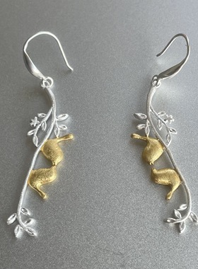 美好栖息。S925纯银树叶成双小鸟金撞色耳钩时髦高级清冷感新中式