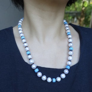 【清仓特价】天然珍珠蓝色琉璃椰壳串珠长项链时髦高级简约设计