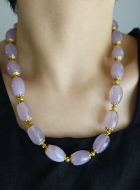 【清仓特价】天然粉紫色清透玛瑙桶珠项链时髦高级优雅气质个性