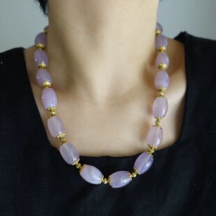 天然粉紫色清透玛瑙桶珠项链时髦高级优雅气质个性 清仓特价