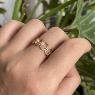 通体S925纯银镀金镂空椭圆镶钻锆石戒指时髦精致高级 清仓特价