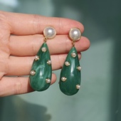 翠绿仙人掌 立体胖水滴树脂人造珍珠耳钉925银针时髦高级大气