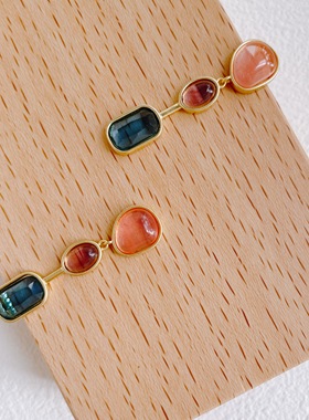 水中倒影。蓝粉彩色宝石不对称设计吊坠耳钉法式文艺复古925银针