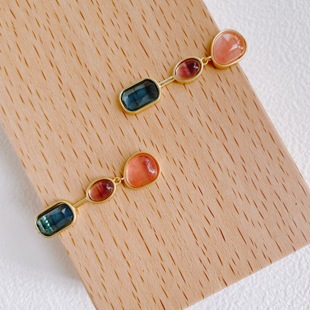 水中倒影 文艺复古925银针 蓝粉彩色宝石不对称设计吊坠耳钉法式