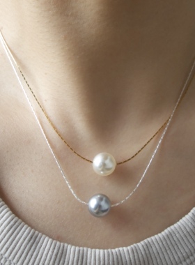 【福利】我的小行星。轻盈极细金银丝人造白灰珍珠吊坠项链简约