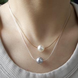 小行星 我 轻盈极细金银丝人造白灰珍珠吊坠项链简约 福利