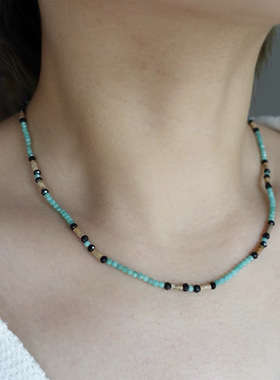 【清仓特价】天然绿珠图画黑玛瑙刻面闪亮细项链短锁骨时髦清新