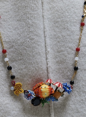 海洋馆漫游。可爱小鱼螃蟹手绘珐琅度假Les艺术风长项链毛衣秋冬