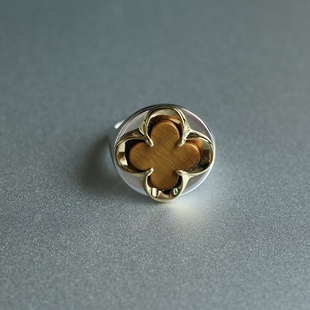 高级 天然虎眼石银色戒指环开口设计四叶草时髦个性 清仓特价