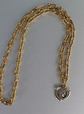 力量加成。古希腊硬币女神头像猫头鹰正反面U形金色项链复古时髦