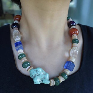 小众 天然贝壳玛瑙晶石不规则松石串珠项链时髦个性 清仓特价