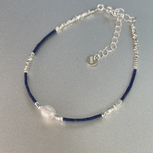 眼前一亮。天然青金石珍珠s925碎银片珠极细手链复古时髦个性小众