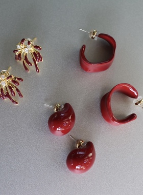 好运红红。高级新年酒红色滴釉烟花水滴C字耳钉925银针时髦节日