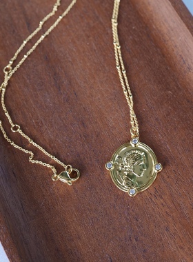 古老时光。希腊罗马女神头像浮雕金币吊坠锆石毛衣项链时髦高级