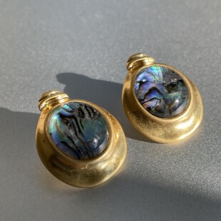 神秘光彩 天然鲍鱼贝蓝绿七彩光复古金色耳钉925银针时髦高级