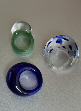 【清仓特价】透明绿蓝色立体圆球玻璃材质戒指环时髦清新个性孤品