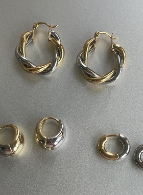 亦金亦银。闪亮撞色圆形u麻花设计简约耳扣环时髦百搭日常通勤
