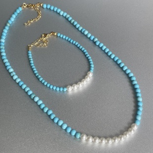 清新调色盘。浅蓝色松石人造珍珠拼接串珠项链手链简约高级气质