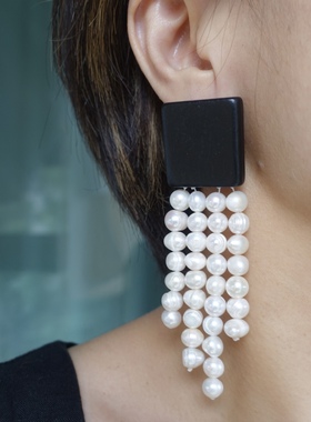 优雅舞步。天然珍珠流苏黑色木珠耳钉925银针欧美时髦个性艺术感