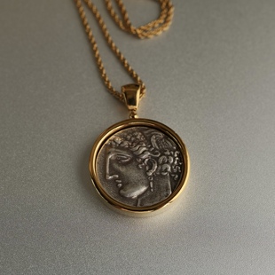 古老时光 古希腊神话女神飞马浮雕做旧钱币吊坠双面金色长项链