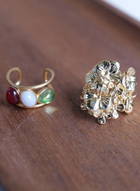 【清仓特价】三色宝石金色立体花朵戒指环开口设计可调时髦艺术感