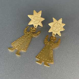 摘星娃娃 金色小人儿造型吊坠耳钉夹拉丝质感复古小众文艺童话风