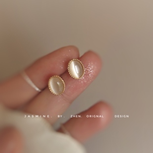 纯银针镀14K金法式vintage猫眼小耳钉温柔女耳饰委婉气质柔美养耳