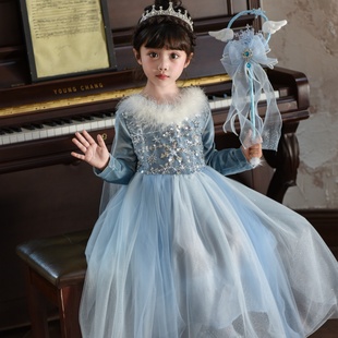 爱莎公主裙女童2025新款儿童冰雪奇缘艾莎披风羽毛生日礼服连衣裙