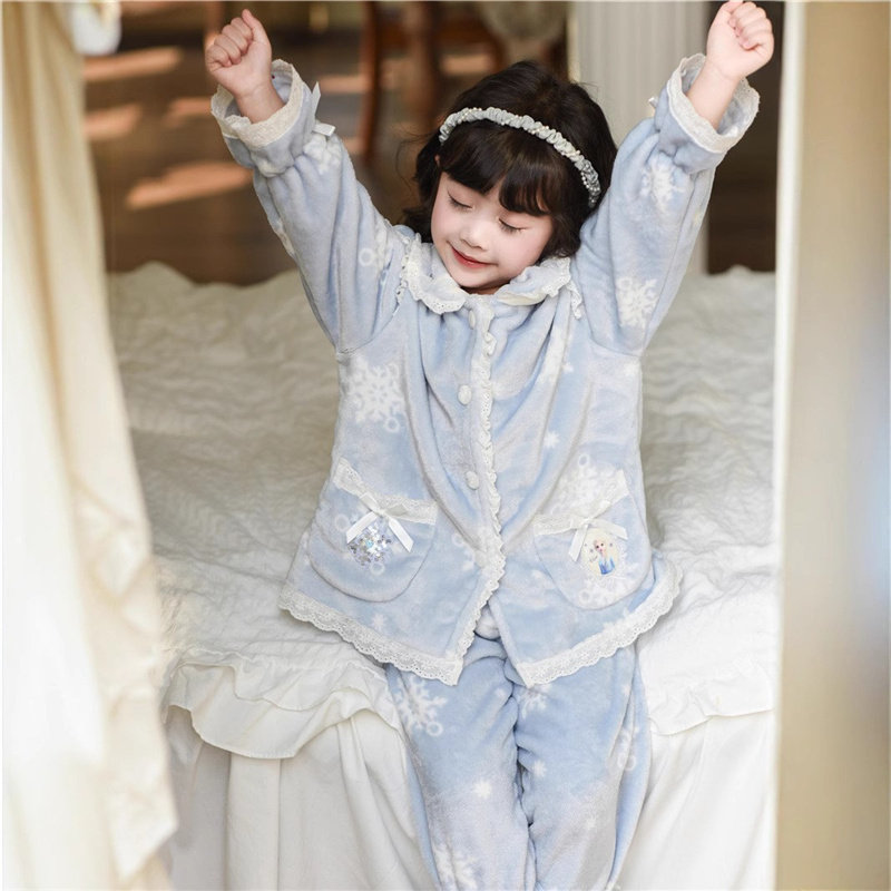 秋冬新款女童法兰绒加厚艾莎公主睡衣睡袍儿童珊瑚绒保暖睡裙浴袍