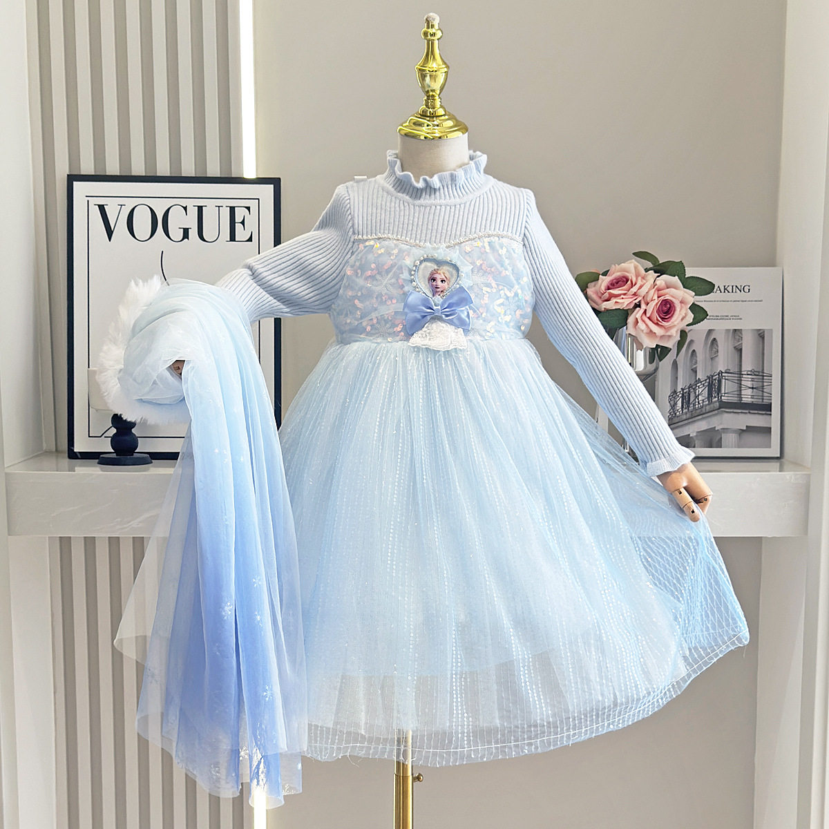 儿童秋冬毛衣爱莎公主裙小女孩洋气网纱披肩长袖公主裙针织毛线裙,童装/婴儿装/亲子装,连衣裙,淘宝优惠券,粉丝福利购,淘宝优惠卷