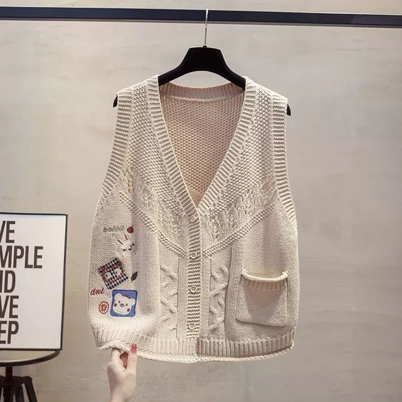 复古文艺口袋贴布针织背心女宽松减龄毛衣坎肩小个子背心开衫上衣