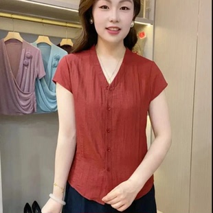 夏季新款v领薄款短袖显瘦百搭减龄洋气妈妈气质宽松棉麻上衣女衫