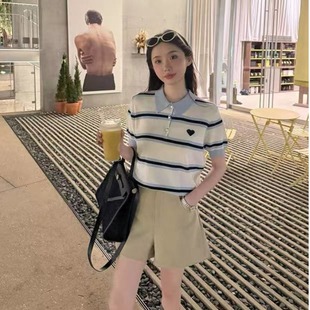 冰丝POLO针织衫 条纹POLO夏季 条纹学院高级小众爱心甜美学院休闲