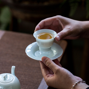 湖田窑茶杯托茶杯垫复古影青杯垫隔热垫陶瓷家用功夫茶道零配 中式