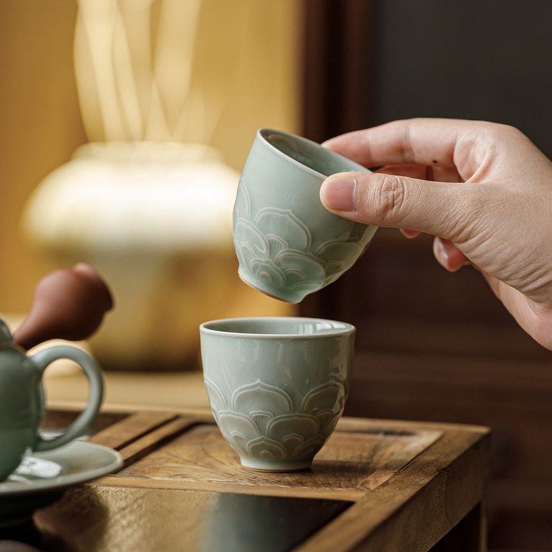 皓澜陶瓷浮雕莲花主人杯高档功夫茶具家用品茗杯个人专用喝茶杯