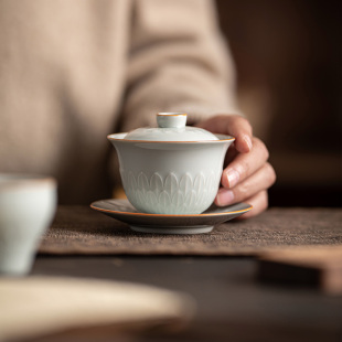 浮雕手工三才盖碗陶瓷功夫茶具家用单个防烫泡茶碗茶杯 皓澜庭中式