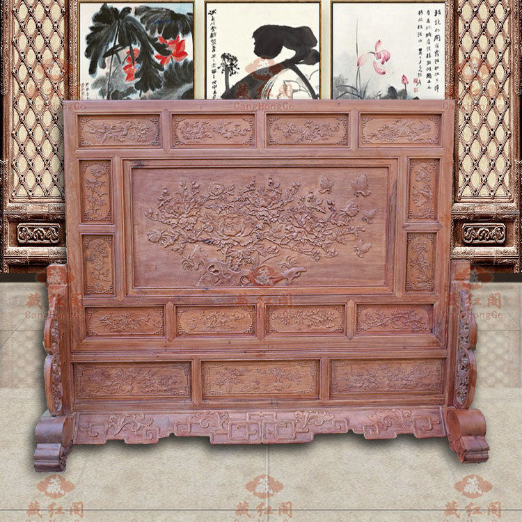红木屏风 缅甸花梨木中式雕花屏风隔断 可移动花开富贵座屏 玄关