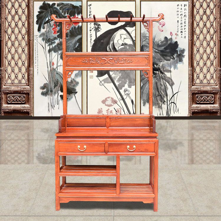 缅甸花梨木衣帽架红木鞋架组合