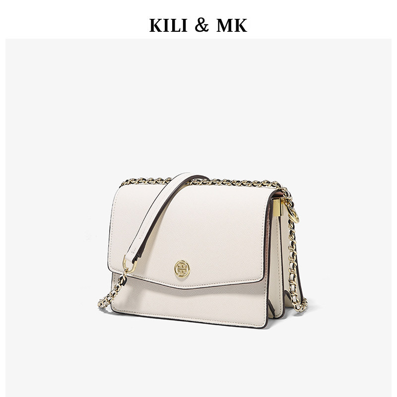KILI＆MK真皮女包2020新款白色夏款小包包风琴包小众链条斜挎包潮