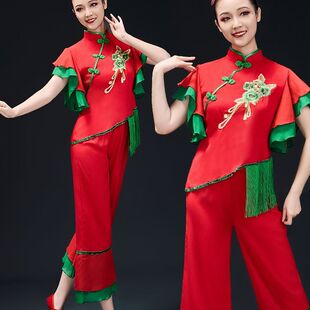 新款秧歌舞蹈服女短袖红色2025春夏喜庆开门红演出服中国风打鼓