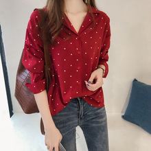 女长袖 上衣韩范衬衣打底衫 2019新款 早秋女装 港味波点印花雪纺衬衫