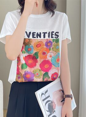 【赠运费险】冰丝绸缎印花短袖t恤女夏季韩版宽松休闲缎面上衣服