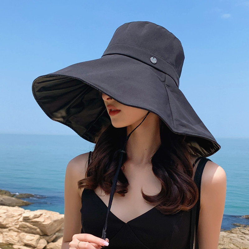 渔夫帽子女可折叠夏天防紫外线黑胶超大帽檐防晒遮阳帽遮脸太阳帽